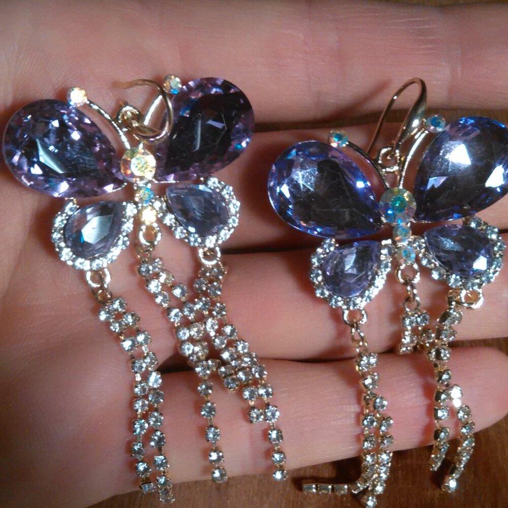 Purple Glass and Austrian Crystal Stainless Steel Butterfly Earrings
